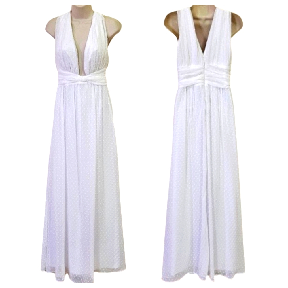 FAERIESTY White Swiss Dot Sleeveless Deep Plunge Maxi Gown,Large